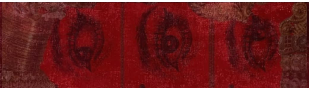 A decorative art print or textile panel featuring pink and green lotus flowers against a textured dark red background, with a cream banner at the bottom containing red line-art illustrations and Chinese characters.